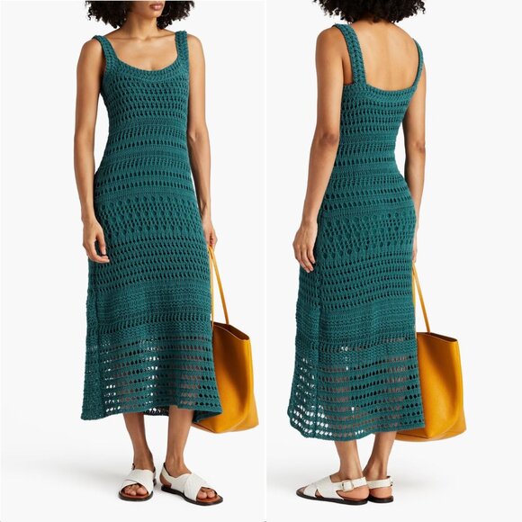 VINCE Lace Crochet Knit Midi DRESS Size L Teal Green Cotton Blend NEW $525 - Picture 1 of 9